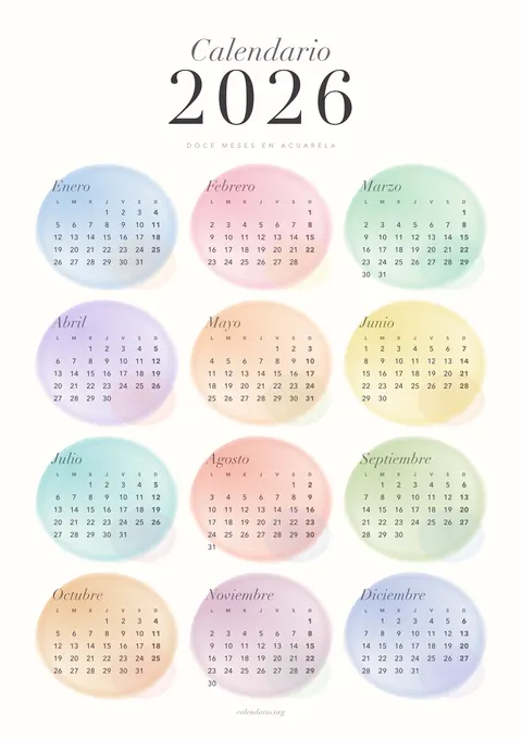 Calendario 2026 para imprimir en acuarela, con un color pastel distinto para cada mes, 12 meses en una hoja A4 vertical