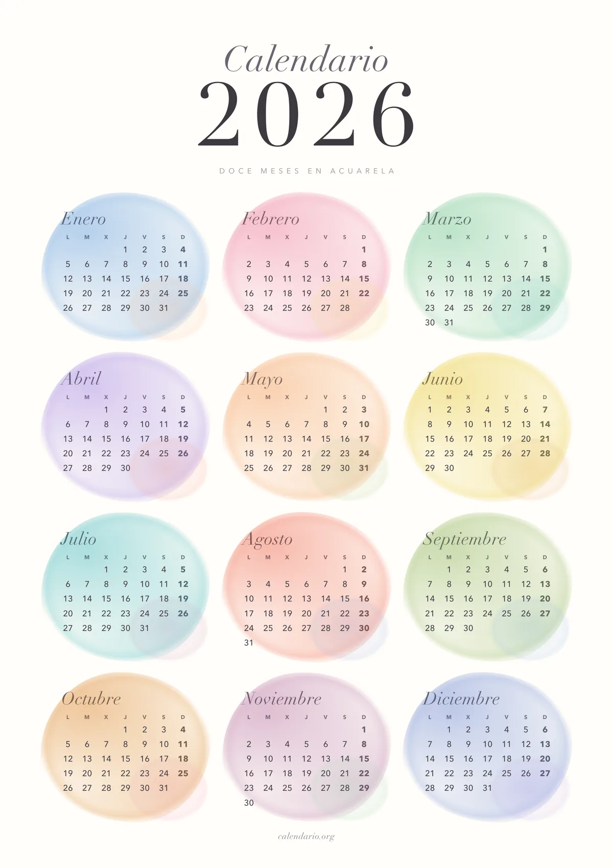 Calendario 2026 para imprimir en acuarela, con un color pastel distinto para cada mes, 12 meses en una hoja A4 vertical