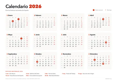 Calendario 2026 para imprimir con los festivos nacionales de España marcados en rojo, 12 meses en una hoja A4 horizontal y la lista de festivos al pie