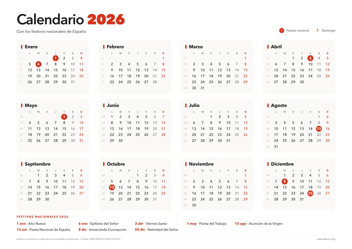 Calendario 2026 para imprimir con los festivos nacionales de España marcados en rojo, 12 meses en una hoja A4 horizontal y la lista de festivos al pie