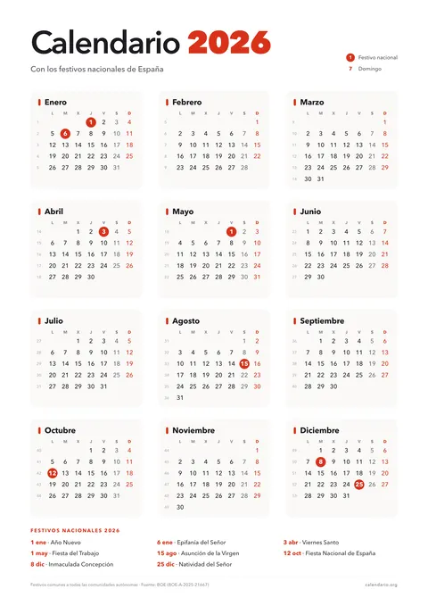 Calendario 2026 para imprimir con los festivos nacionales de España marcados en rojo, 12 meses en una hoja A4 vertical y la lista de festivos al pie