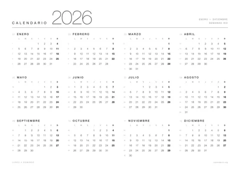 Calendario 2026 para imprimir, diseño minimalista en blanco y negro con los 12 meses y los números de semana en una hoja A4 horizontal