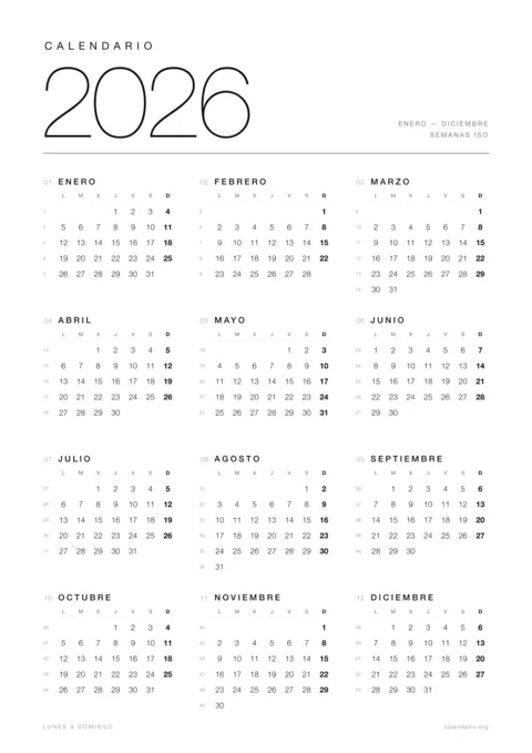 Calendario 2026 para imprimir, diseño minimalista en blanco y negro con los 12 meses y los números de semana en una hoja A4 vertical