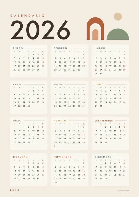Calendario 2026 para imprimir de estilo nórdico en tonos tierra y terracota, 12 meses en una hoja A4 vertical