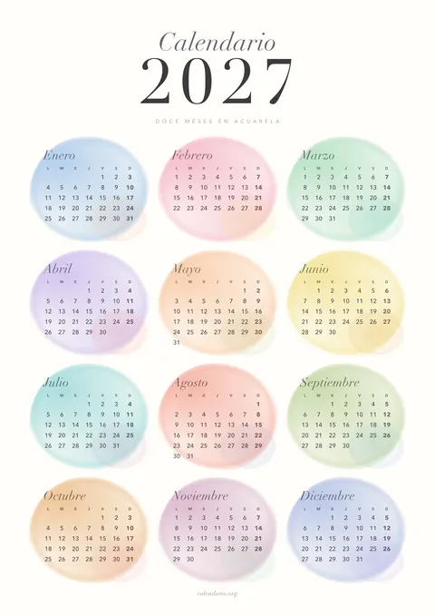 Calendario 2027 para imprimir en acuarela, con un color pastel distinto para cada mes, 12 meses en una hoja A4 vertical