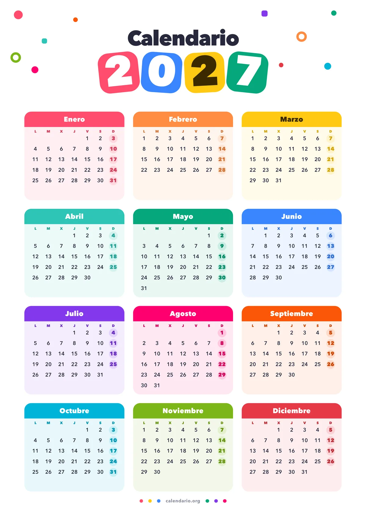 Calendario 2027 para imprimir de colores, 12 meses en una hoja A4 vertical, alegre para niños, el cole o la nevera