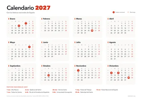 Calendario 2027 para imprimir con los festivos nacionales de España marcados en rojo, 12 meses en una hoja A4 horizontal y la lista de festivos al pie