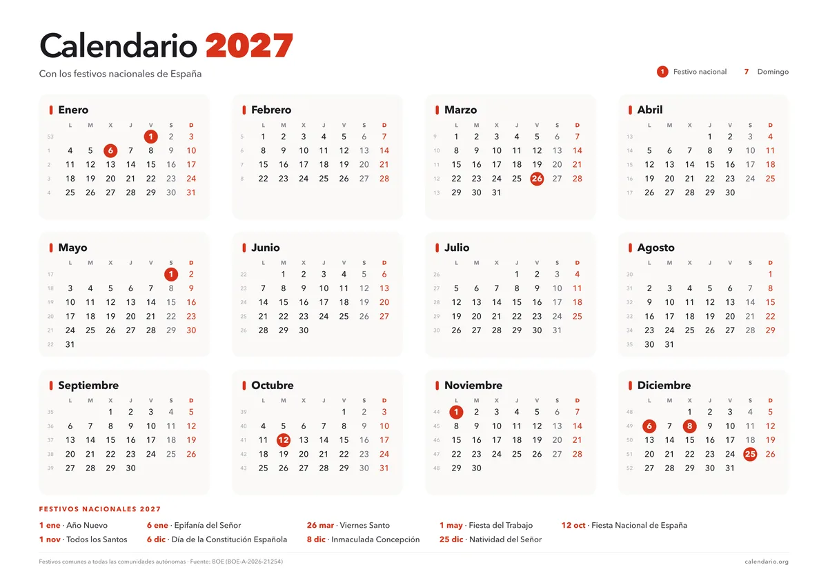 Calendario 2027 para imprimir con los festivos nacionales de España marcados en rojo, 12 meses en una hoja A4 horizontal y la lista de festivos al pie