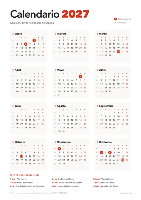Calendario 2027 para imprimir con los festivos nacionales de España marcados en rojo, 12 meses en una hoja A4 vertical y la lista de festivos al pie
