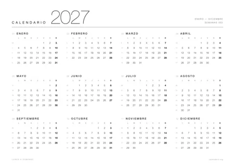 Calendario 2027 para imprimir, diseño minimalista en blanco y negro con los 12 meses y los números de semana en una hoja A4 horizontal