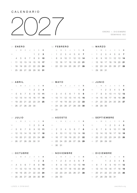 Calendario 2027 para imprimir, diseño minimalista en blanco y negro con los 12 meses y los números de semana en una hoja A4 vertical