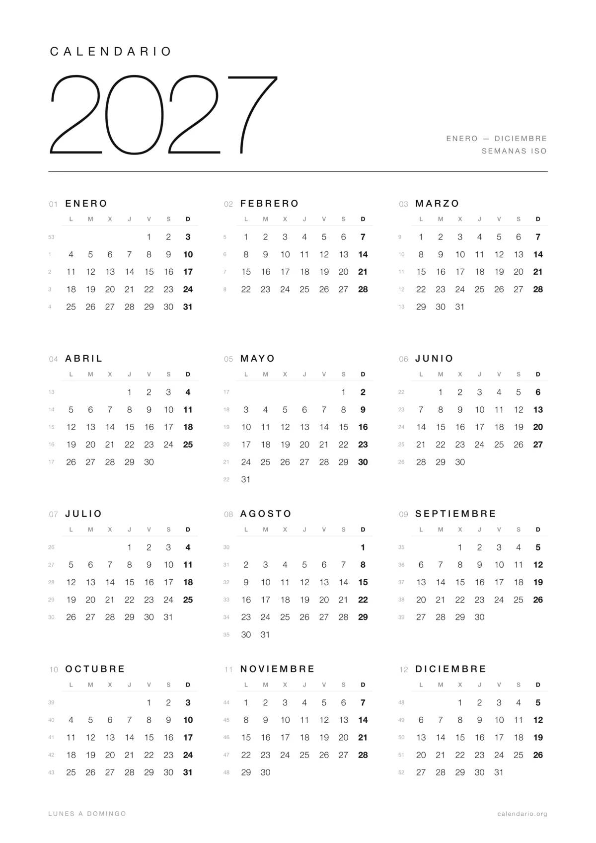 Calendario 2027 para imprimir, diseño minimalista en blanco y negro con los 12 meses y los números de semana en una hoja A4 vertical