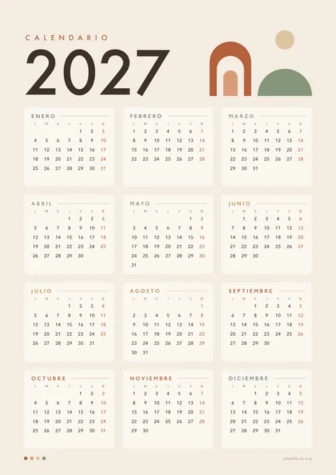 Calendario 2027 para imprimir de estilo nórdico en tonos tierra y terracota, 12 meses en una hoja A4 vertical