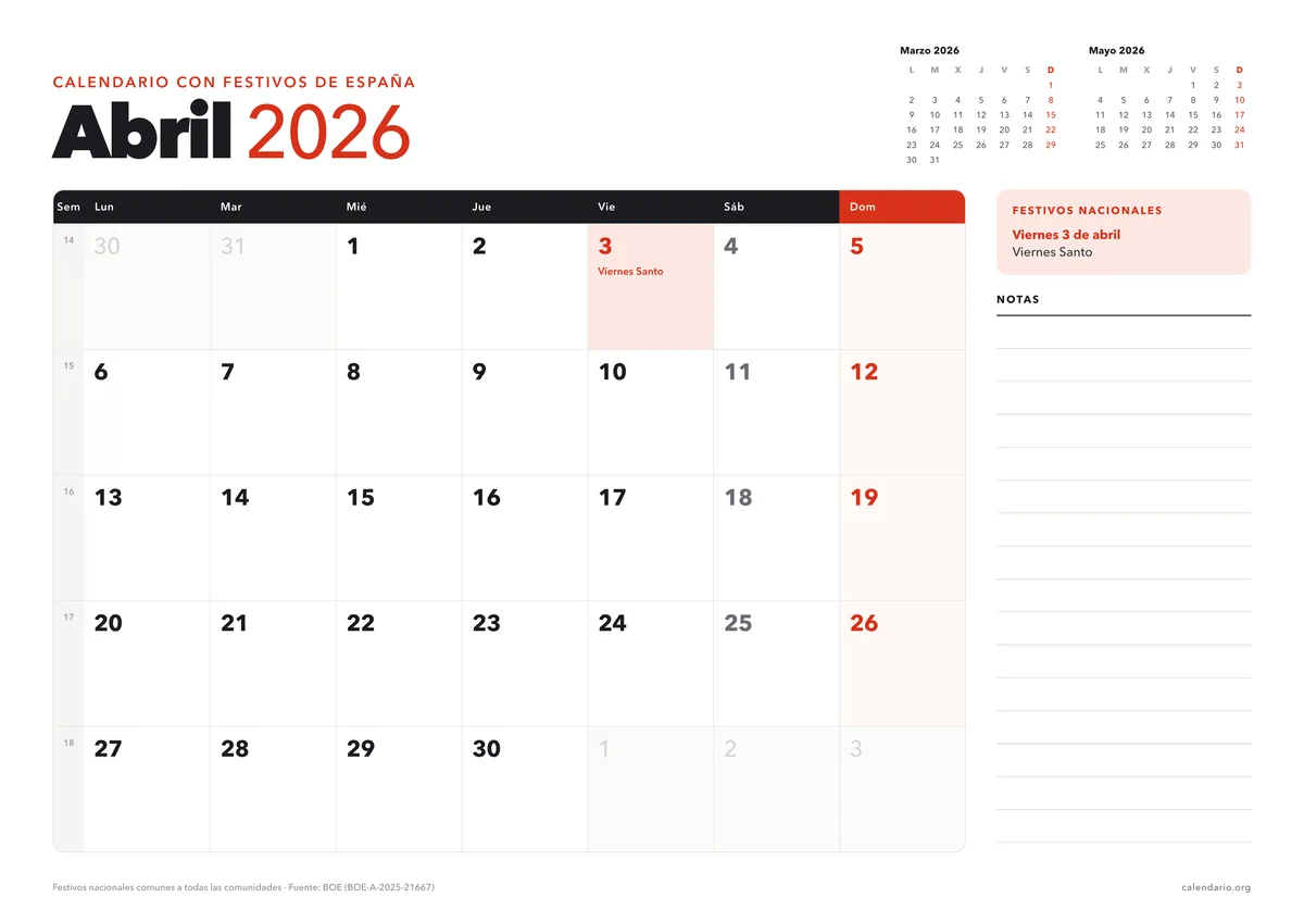 Calendario abril 2026 para imprimir con festivos de España (Viernes Santo), en hoja A4 horizontal con espacio para notas