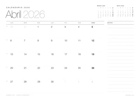 Calendario abril 2026 para imprimir, diseño minimalista en blanco y negro en hoja A4 horizontal con números de semana y espacio para notas