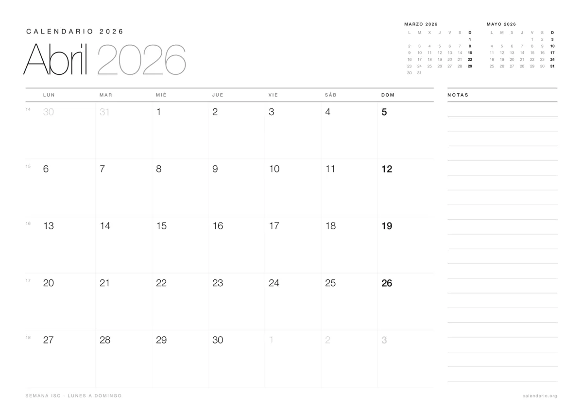 Calendario abril 2026 para imprimir, diseño minimalista en blanco y negro en hoja A4 horizontal con números de semana y espacio para notas