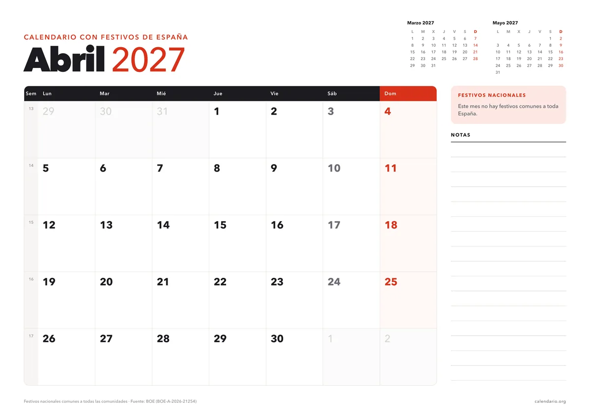 Calendario abril 2027 para imprimir con festivos de España, en hoja A4 horizontal con espacio para notas; en abril no hay festivos nacionales