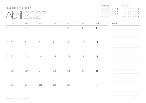 Calendario abril 2027 para imprimir, diseño minimalista en blanco y negro en hoja A4 horizontal con números de semana y espacio para notas