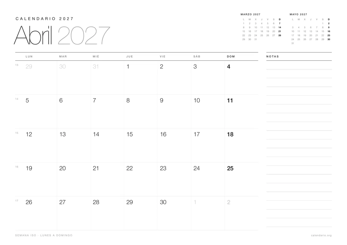Calendario abril 2027 para imprimir, diseño minimalista en blanco y negro en hoja A4 horizontal con números de semana y espacio para notas