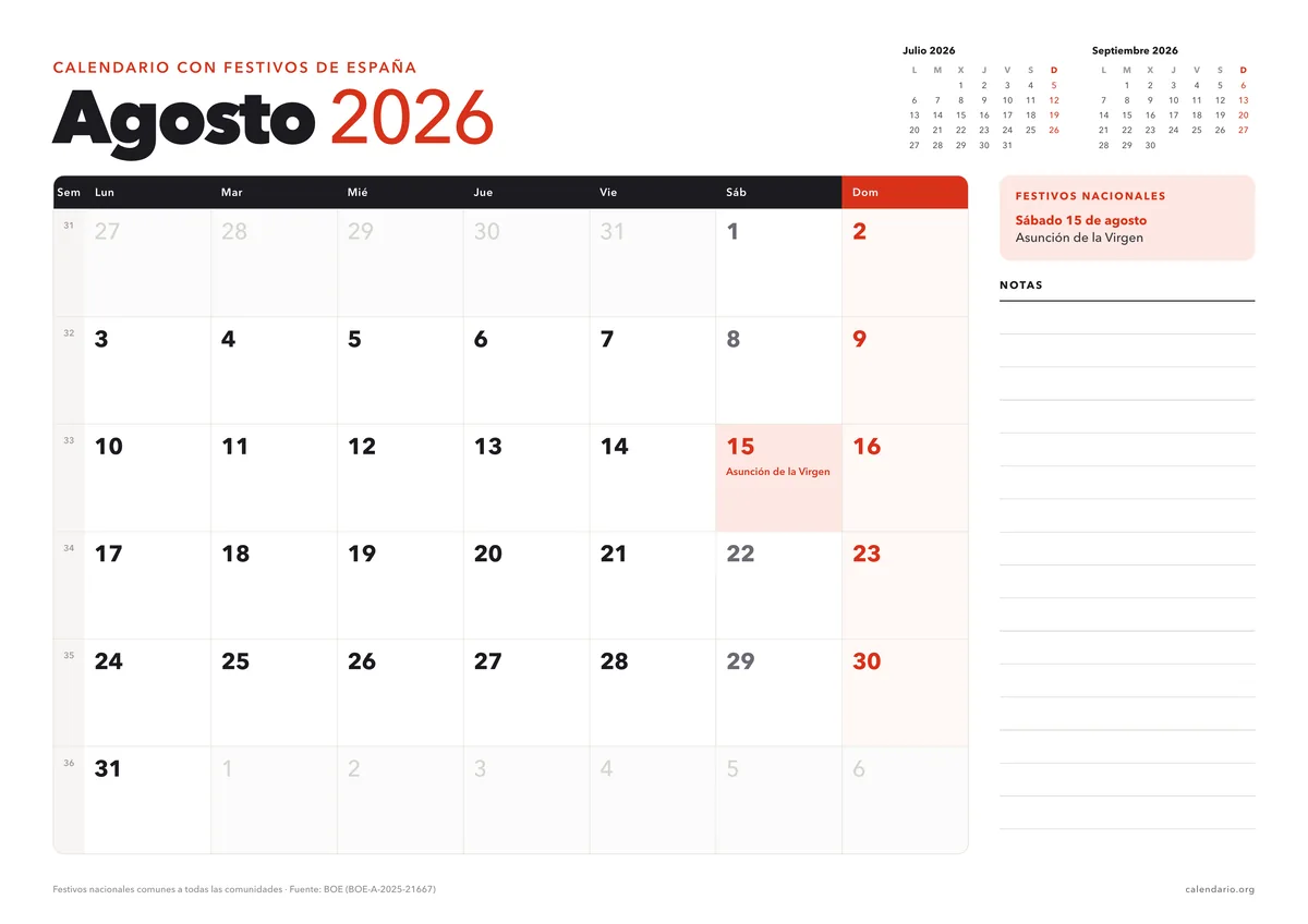 Calendario agosto 2026 para imprimir con festivos de España (Asunción de la Virgen), en hoja A4 horizontal con espacio para notas