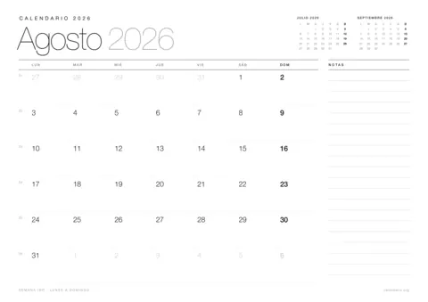 Calendario agosto 2026 para imprimir, diseño minimalista en blanco y negro en hoja A4 horizontal con números de semana y espacio para notas