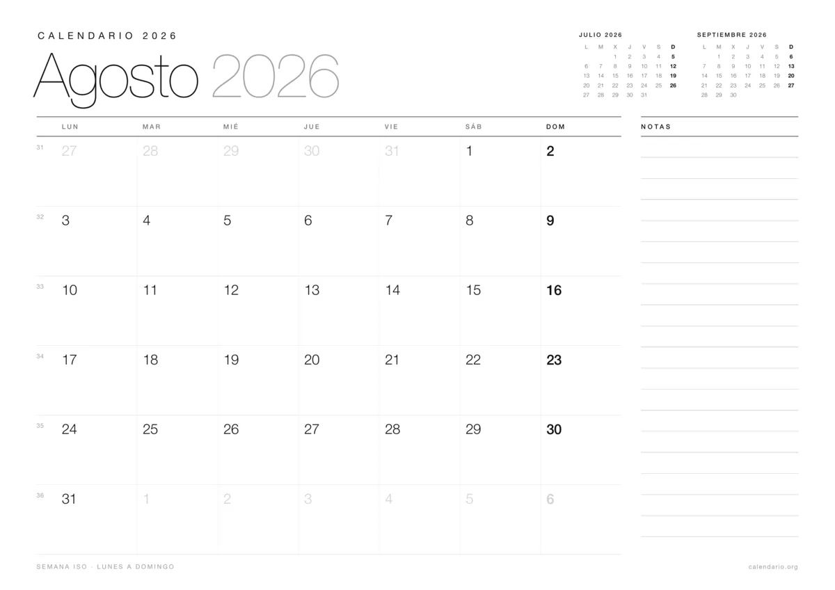 Calendario agosto 2026 para imprimir, diseño minimalista en blanco y negro en hoja A4 horizontal con números de semana y espacio para notas