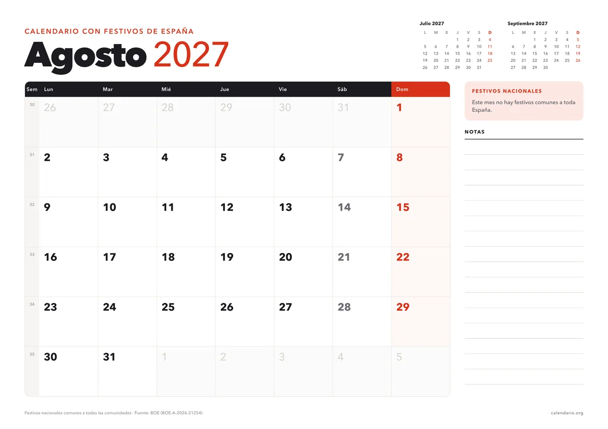 Calendario agosto 2027 para imprimir con festivos de España, en hoja A4 horizontal con espacio para notas; en agosto no hay festivos nacionales