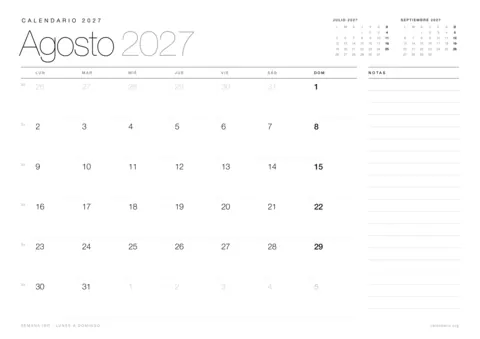 Calendario agosto 2027 para imprimir, diseño minimalista en blanco y negro en hoja A4 horizontal con números de semana y espacio para notas
