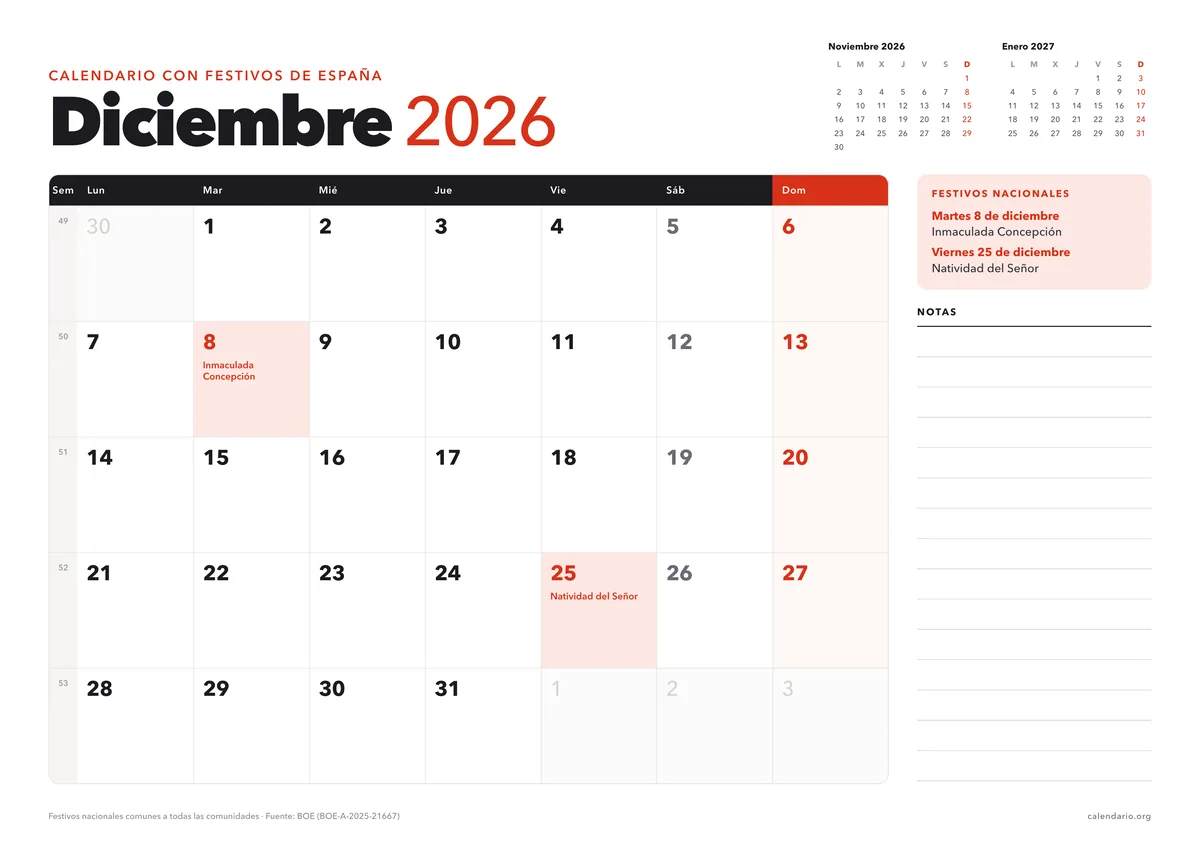 Calendario diciembre 2026 para imprimir con festivos de España (Inmaculada Concepción y Natividad del Señor), en hoja A4 horizontal con espacio para notas