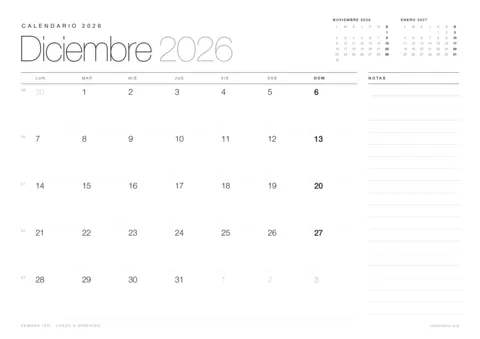 Calendario diciembre 2026 para imprimir, diseño minimalista en blanco y negro en hoja A4 horizontal con números de semana y espacio para notas