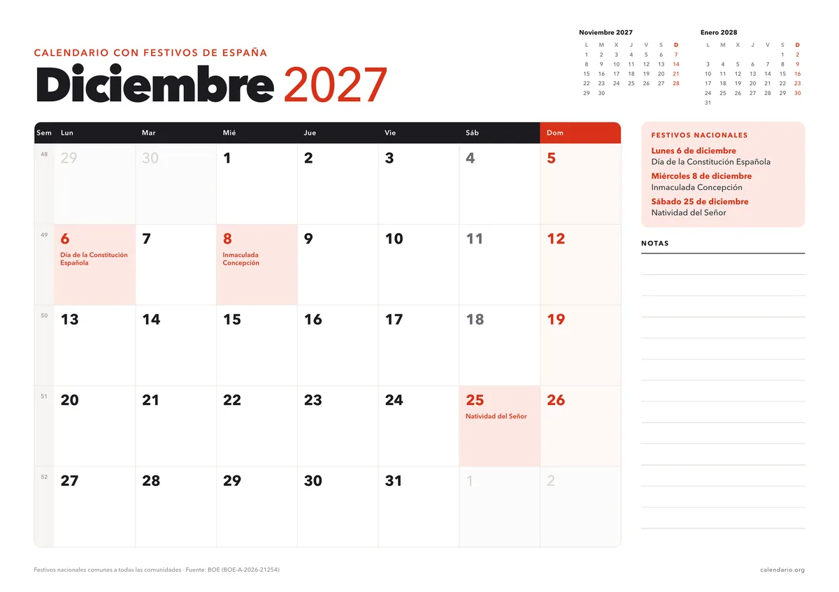 Calendario diciembre 2027 para imprimir con festivos de España (Día de la Constitución Española, Inmaculada Concepción y Natividad del Señor), en hoja A4 horizontal con espacio para notas