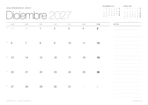 Calendario diciembre 2027 para imprimir, diseño minimalista en blanco y negro en hoja A4 horizontal con números de semana y espacio para notas