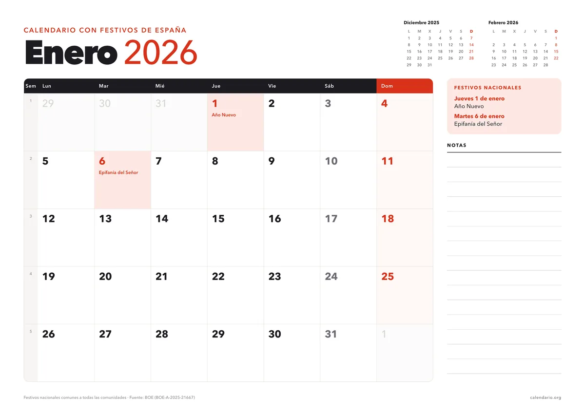 Calendario enero 2026 para imprimir con festivos de España (Año Nuevo y Epifanía del Señor), en hoja A4 horizontal con espacio para notas