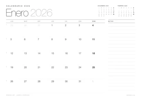 Calendario enero 2026 para imprimir, diseño minimalista en blanco y negro en hoja A4 horizontal con números de semana y espacio para notas
