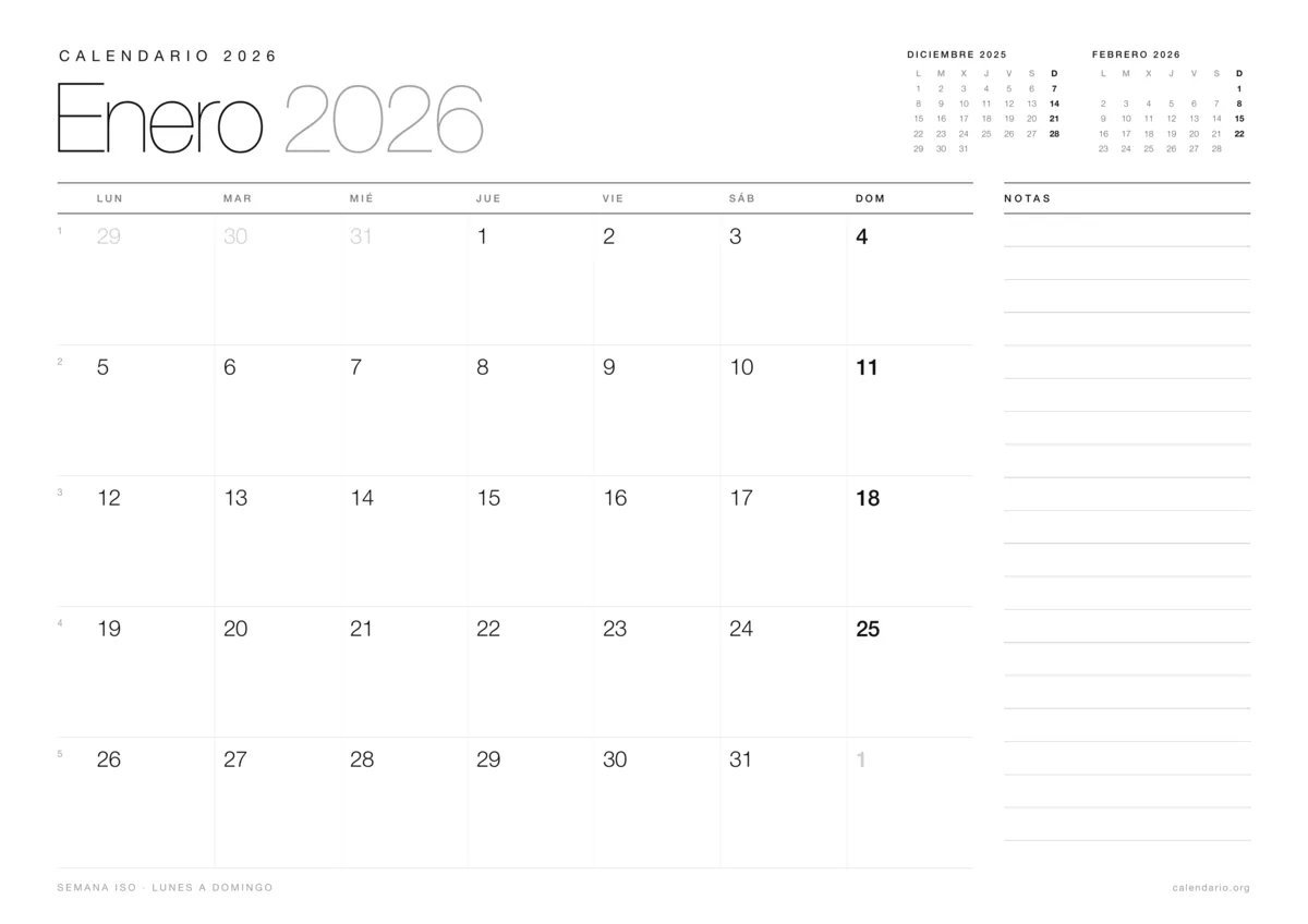 Calendario enero 2026 para imprimir, diseño minimalista en blanco y negro en hoja A4 horizontal con números de semana y espacio para notas