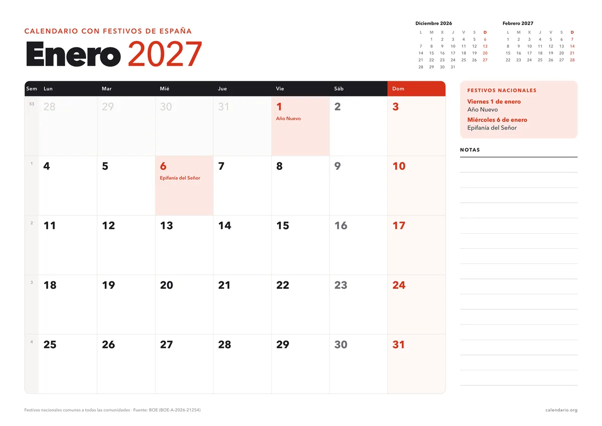 Calendario enero 2027 para imprimir con festivos de España (Año Nuevo y Epifanía del Señor), en hoja A4 horizontal con espacio para notas