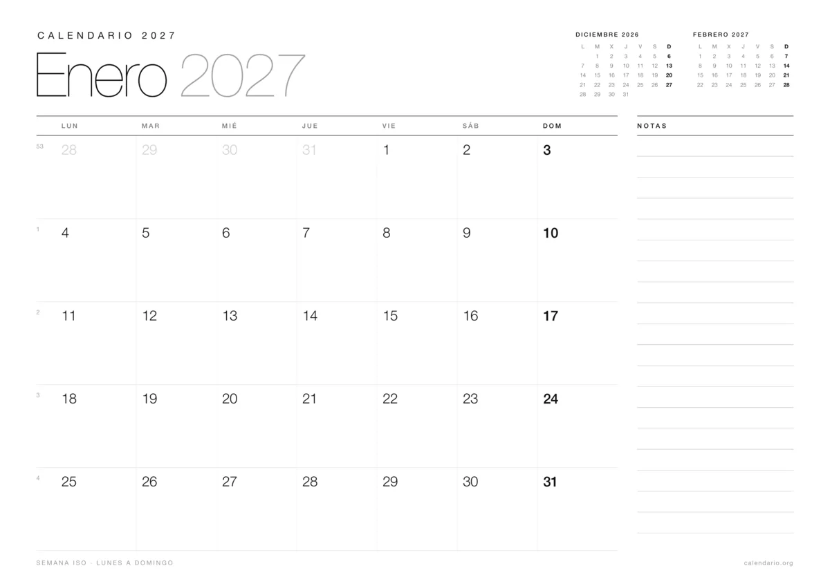 Calendario enero 2027 para imprimir, diseño minimalista en blanco y negro en hoja A4 horizontal con números de semana y espacio para notas
