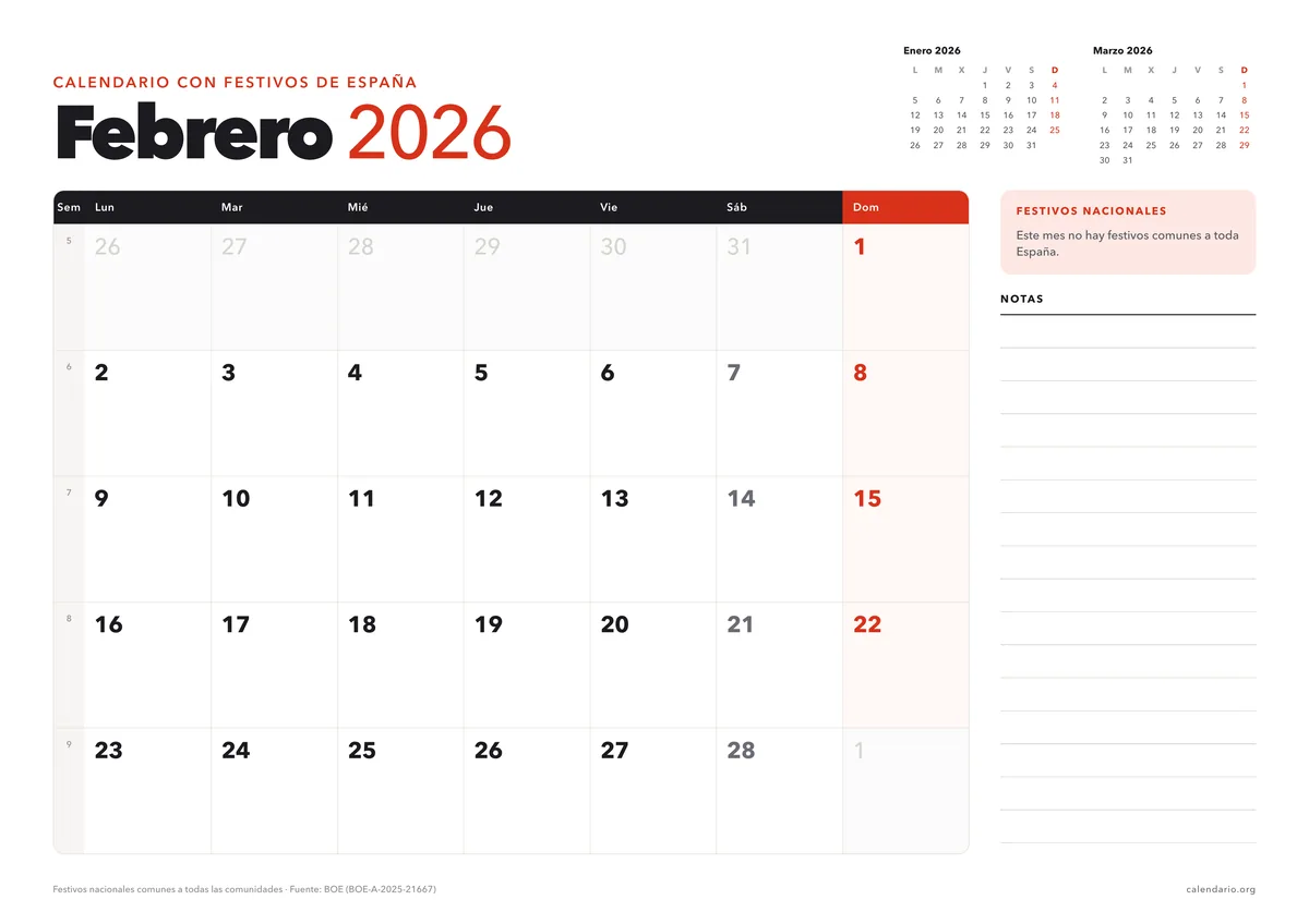 Calendario febrero 2026 para imprimir con festivos de España, en hoja A4 horizontal con espacio para notas; en febrero no hay festivos nacionales