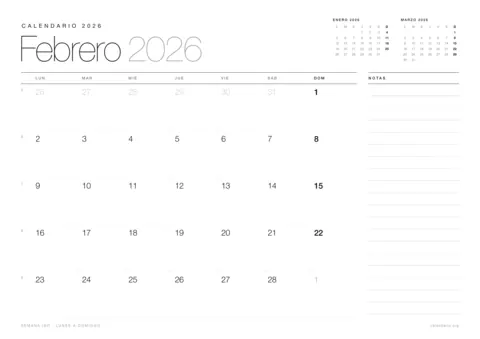 Calendario febrero 2026 para imprimir, diseño minimalista en blanco y negro en hoja A4 horizontal con números de semana y espacio para notas