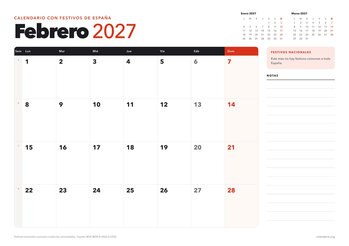 Calendario febrero 2027 para imprimir con festivos de España, en hoja A4 horizontal con espacio para notas; en febrero no hay festivos nacionales