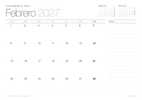 Calendario febrero 2027 para imprimir, diseño minimalista en blanco y negro en hoja A4 horizontal con números de semana y espacio para notas
