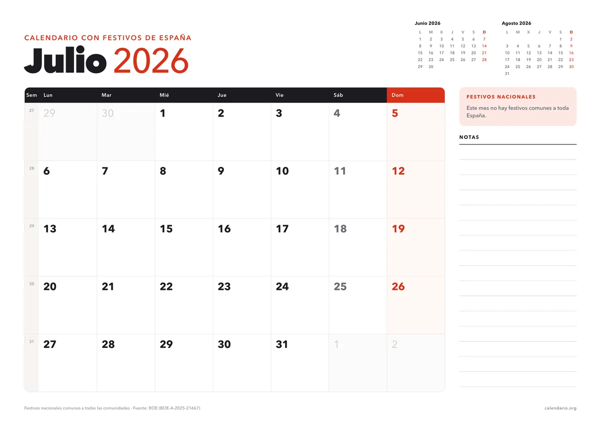 Calendario julio 2026 para imprimir con festivos de España, en hoja A4 horizontal con espacio para notas; en julio no hay festivos nacionales