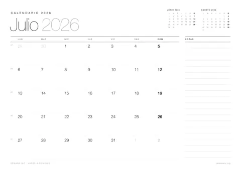Calendario julio 2026 para imprimir, diseño minimalista en blanco y negro en hoja A4 horizontal con números de semana y espacio para notas
