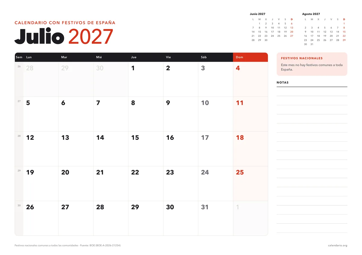 Calendario julio 2027 para imprimir con festivos de España, en hoja A4 horizontal con espacio para notas; en julio no hay festivos nacionales