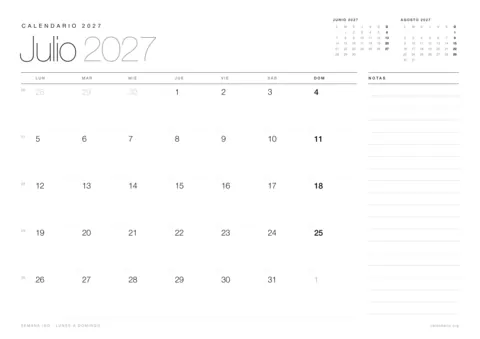 Calendario julio 2027 para imprimir, diseño minimalista en blanco y negro en hoja A4 horizontal con números de semana y espacio para notas