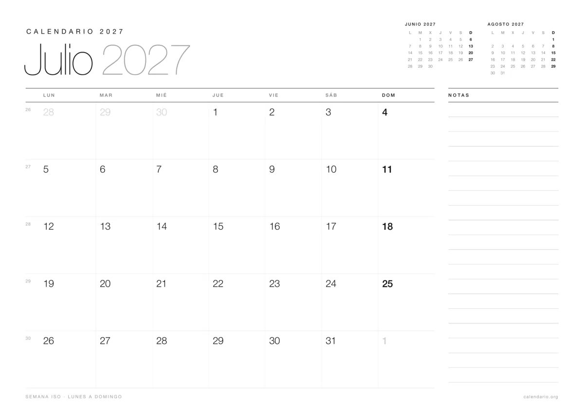 Calendario julio 2027 para imprimir, diseño minimalista en blanco y negro en hoja A4 horizontal con números de semana y espacio para notas