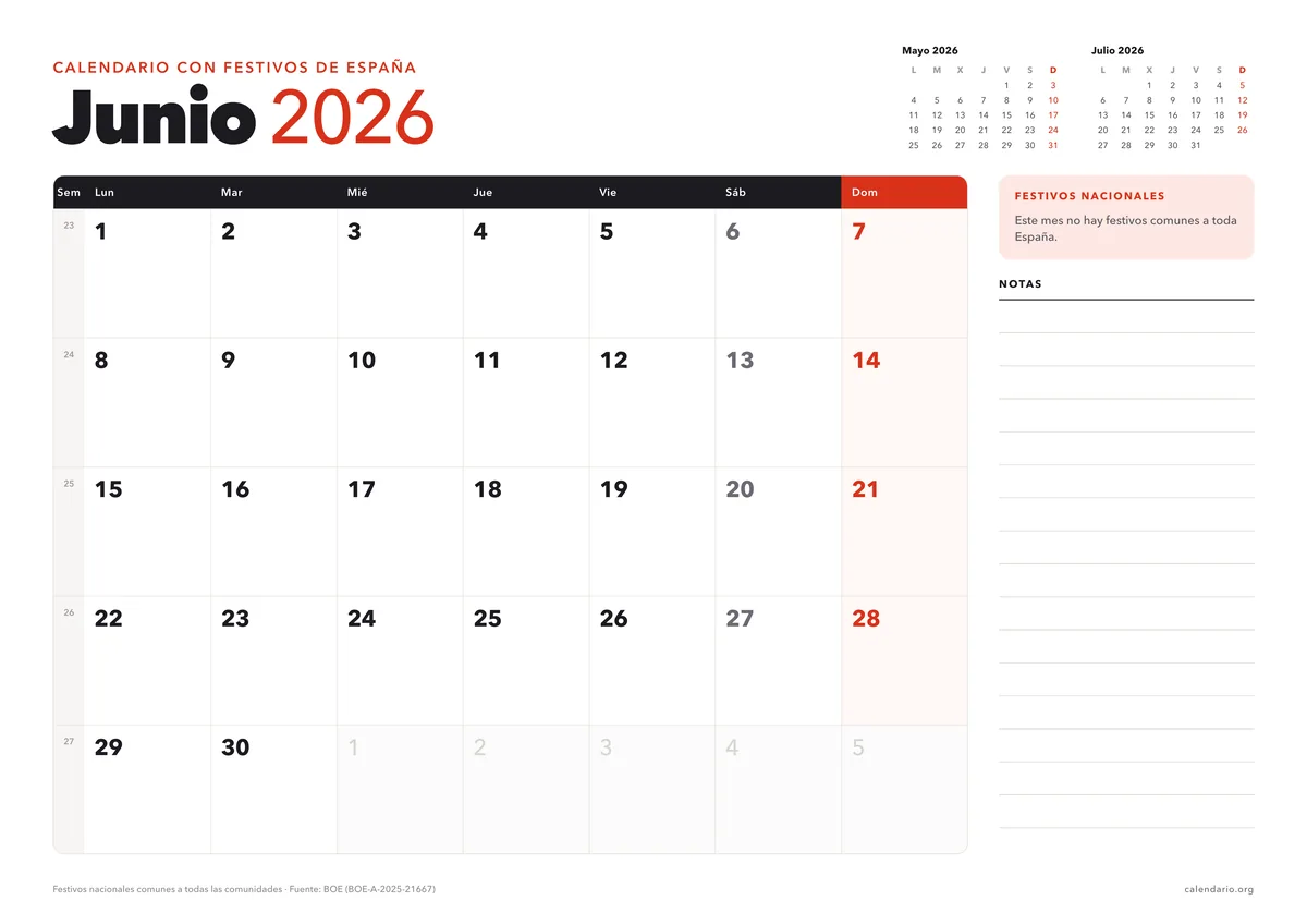 Calendario junio 2026 para imprimir con festivos de España, en hoja A4 horizontal con espacio para notas; en junio no hay festivos nacionales