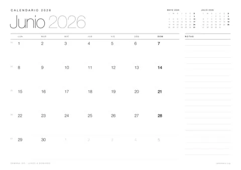 Calendario junio 2026 para imprimir, diseño minimalista en blanco y negro en hoja A4 horizontal con números de semana y espacio para notas