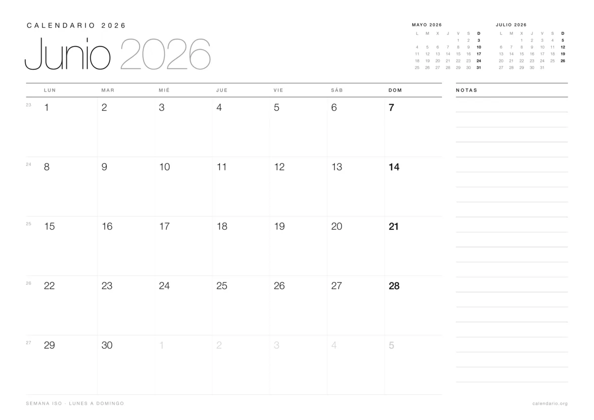 Calendario junio 2026 para imprimir, diseño minimalista en blanco y negro en hoja A4 horizontal con números de semana y espacio para notas
