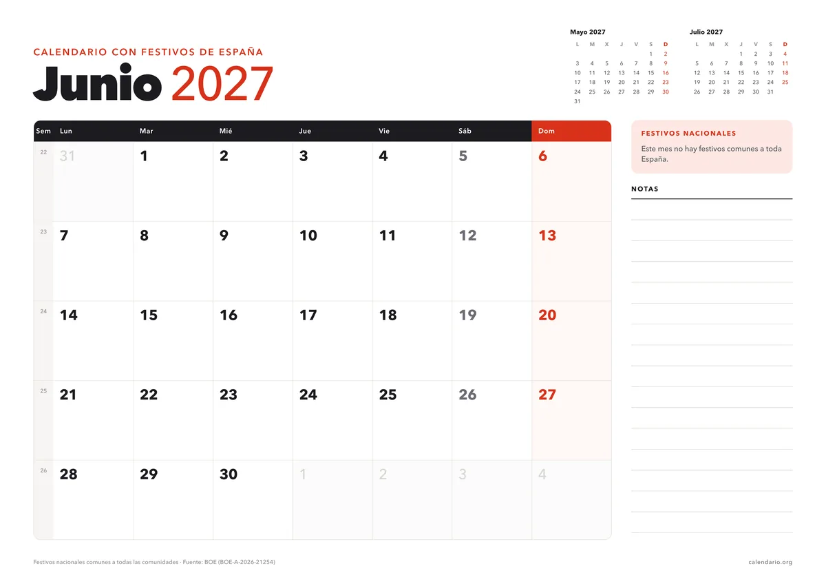 Calendario junio 2027 para imprimir con festivos de España, en hoja A4 horizontal con espacio para notas; en junio no hay festivos nacionales